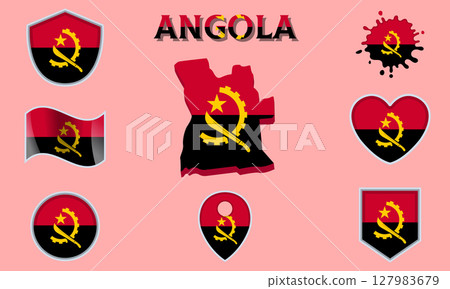Collection of flat national flags of Angola with map Collection of flat national flags of Angola with map 127983679