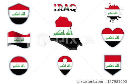 Collection of flat national flags of Iraq with map Collection of flat national flags of Iraq with map 127983690