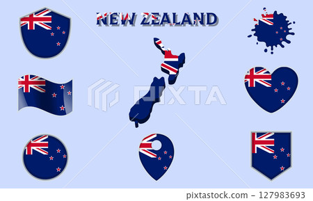 Collection of flat national flags of New Zealand with map Collection of flat national flags of New Zealand with map 127983693