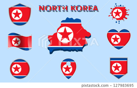 Collection of flat national flags of North Korea with map 127983695
