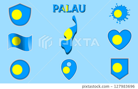 Collection of flat national flags of Palau with map 127983696
