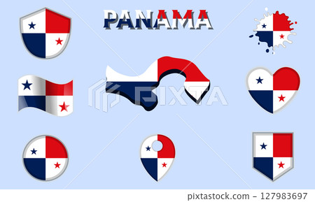 Collection of flat national flags of Panama with map 127983697