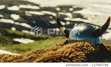 Viking helmet on mountain nature Norway 127983786