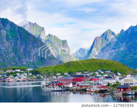 Fjord and mountains landscape. Lofoten islands Norway Fjord and mountains landscape. Lofoten islands Norway 127983936