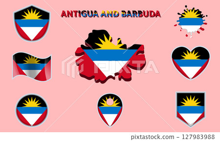 Collection of flat national flags of Antigua and Barbuda with map Collection of flat national flags of Antigua and Barbuda with map 127983988
