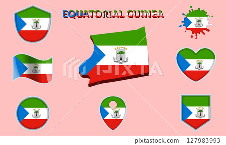 Collection of flat national flags of Equatorial Guinea with map 127983993