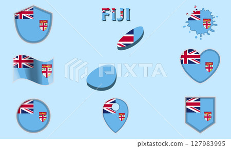 Collection of flat national flags of Fiji with map 127983995