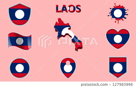 Collection of flat national flags of Laos with map 127983998