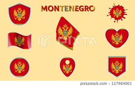 Collection of flat national flags of Montenegro with map 127984001