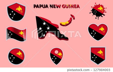 Collection of flat national flags of Papua New Guinea with map 127984003