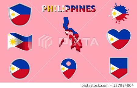 Collection of flat national flags of Philippines with map Collection of flat national flags of Philippines with map 127984004