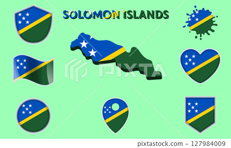 Collection of flat national flags of Solomon islands with map Collection of flat national flags of Solomon islands with map 127984009