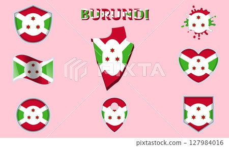Collection of flat national flags of Burundi with map 127984016