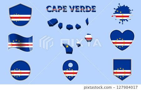Collection of flat national flags of Cape Verde with map 127984017