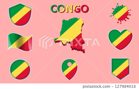 Collection of flat national flags of Congo with map 127984018