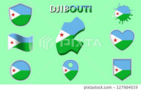Collection of flat national flags of Djibouti with map Collection of flat national flags of Djibouti with map 127984019