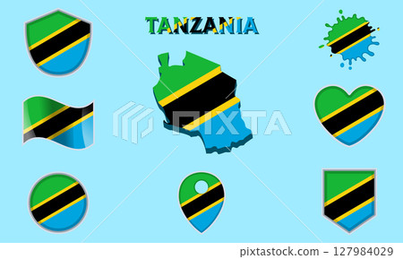 Collection of flat national flags of Tanzania with map Collection of flat national flags of Tanzania with map 127984029