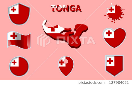 Collection of flat national flags of Tonga with map 127984031