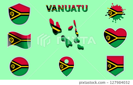 Collection of flat national flags of Vanuatu with map 127984032