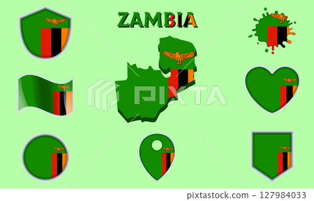Collection of flat national flags of Zambia with map 127984033