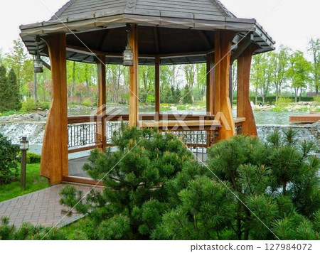 Mezhyhirya National Park, Novi Petrivtsi, Kyiv region, Ukraine: Museum of Corruption. The large natural complex Mezhyhirya Residence with a beautiful garden, a cascade of lakes. High quality photo 127984072