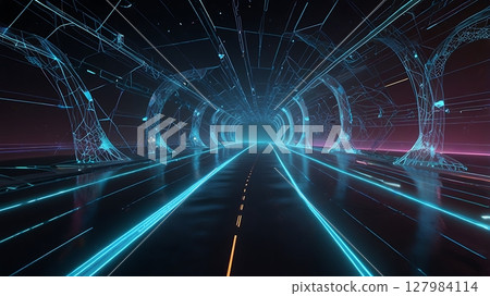 Futuristic digital tunnel glowing with blue and purple light, with a dark road vanishing into a virtual realm of speed and tech 127984114