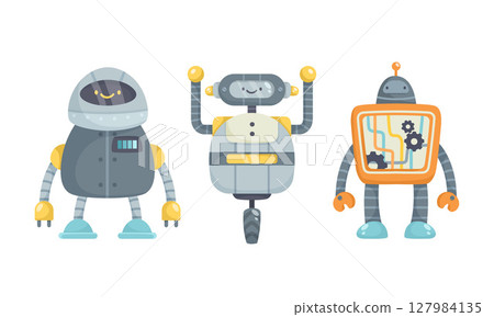 Three Vibrantly Colorful Cartoon Robots Designed in a Playful and Engaging Style Three Vibrantly Colorful Cartoon Robots Designed in a Playful and Engaging Style 127984135
