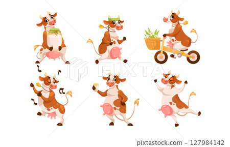 Delightful and Charming Cartoon Cows Engaged in Various Fun and Exciting Activities 127984142