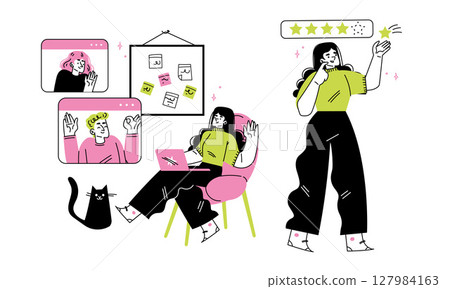 A beautifully designed modern home office featuring a creative woman and her adorable cat 127984163
