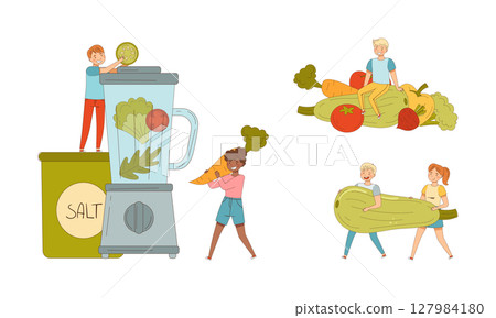 People eating and cooking healthy vegetarian food. Healthy lifestyle, vegetarian diet cartoon vector illustration People eating and cooking healthy vegetarian food. Healthy lifestyle, vegetarian diet cartoon vector illustration 127984180