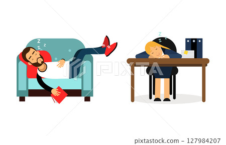 Sleeping people set. Man and woman napping in armchair and office desk cartoon vector illustration Sleeping people set. Man and woman napping in armchair and office desk cartoon vector illustration 127984207