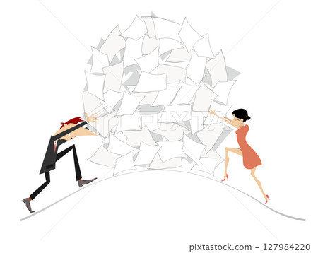 Hard working man and woman. Pile of papers. Business. Man and woman roll up a big ball of papers. White background Hard working man and woman. Pile of papers. Business. Man and woman roll up a big ball of papers. White background 127984220