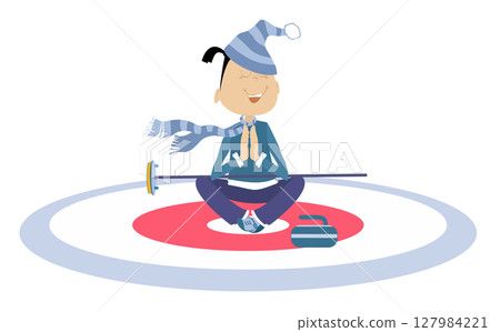 Funny young woman meditates sitting on the curling court. Winter sport. Young woman with a curling brush getting ready for the game sitting on the curling court Funny young woman meditates sitting on the curling court. Winter sport. Young woman with a curling brush getting ready for the game sitting on the curling court 127984221