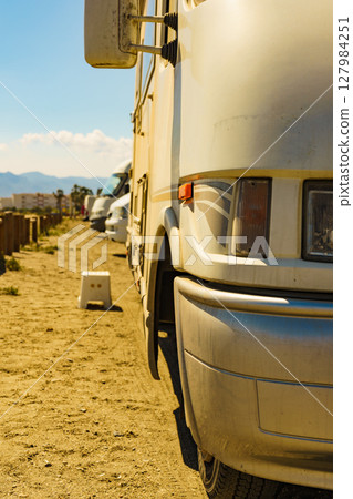 Step at camper car on campsite Step at camper car on campsite 127984251