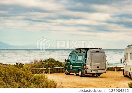 Camper car on beach, camping on nature 127984255