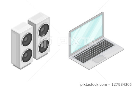 Laptop computer and loud speakers, modern wireless mobile devices isometric vector illustration Laptop computer and loud speakers, modern wireless mobile devices isometric vector illustration 127984305