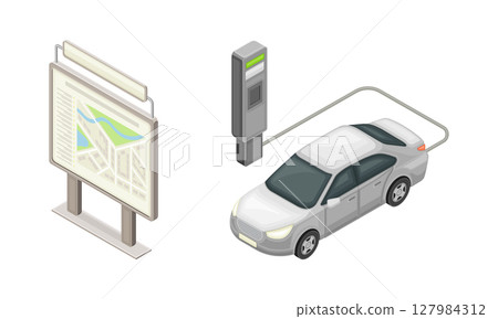 Information stand with city map and electric car charging at charger station isometric vector illustration 127984312