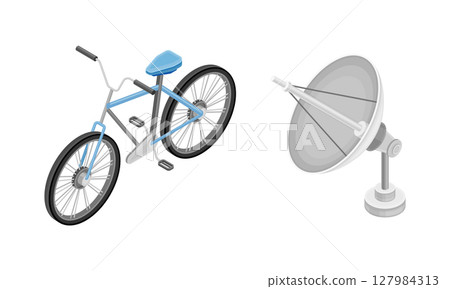 Satellite dish antenna and bicycle isometric vector illustration Satellite dish antenna and bicycle isometric vector illustration 127984313