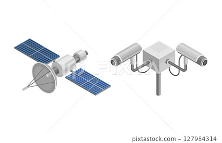 Space orbital satellite and outdoor video cameras isometric vector illustration 127984314