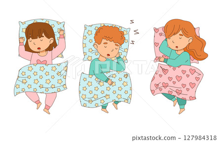 Cute little boy and girls sleeping in their beds cartoon vector illustration Cute little boy and girls sleeping in their beds cartoon vector illustration 127984318