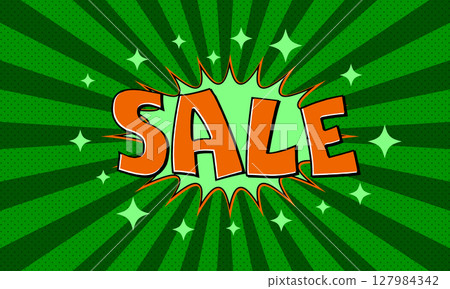 Vector green advertising banner with text sale in pop art comics style Vector green advertising banner with text sale in pop art comics style 127984342