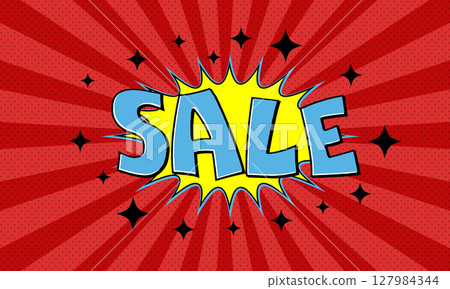 Vector red advertising banner with text sale in pop art comics style 127984344