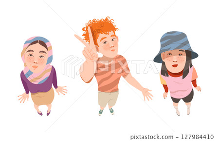 Set of young people looking up. View from above of teenage boy and girl cartoon vector illustration Set of young people looking up. View from above of teenage boy and girl cartoon vector illustration 127984410
