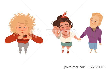 Set of people looking up. View from above of teenagers doing hand gestures cartoon vector illustration Set of people looking up. View from above of teenagers doing hand gestures cartoon vector illustration 127984413