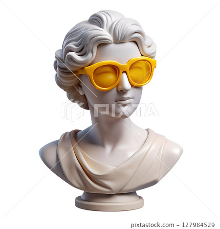 Classical female bust statue with yellow sunglasses 3d, marble sculpture with retro twist Classical female bust statue with yellow sunglasses 3d, marble sculpture with retro twist 127984529