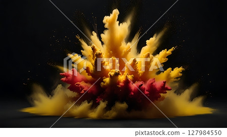 High-speed powder explosion of yellow and red colors over black surface with swirling dust and vivid texture in freeze frame 127984550