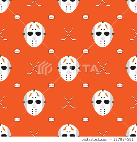 Seamless pattern hockey mask with stick and puck on orange background Seamless pattern hockey mask with stick and puck on orange background 127984591