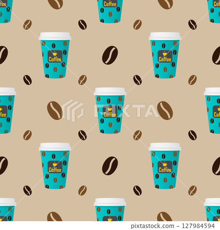 Seamless pattern paper cup of coffee with coffee beans on a bright background 127984594