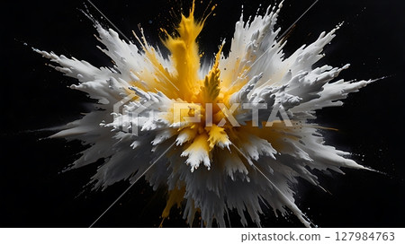 White and yellow powder blast frozen mid air on black background showing dusty particles and smooth symmetry 127984763