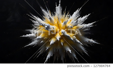 Yellow and white powder explosion frozen in air with soft light and sharp dusty texture on black background 127984764